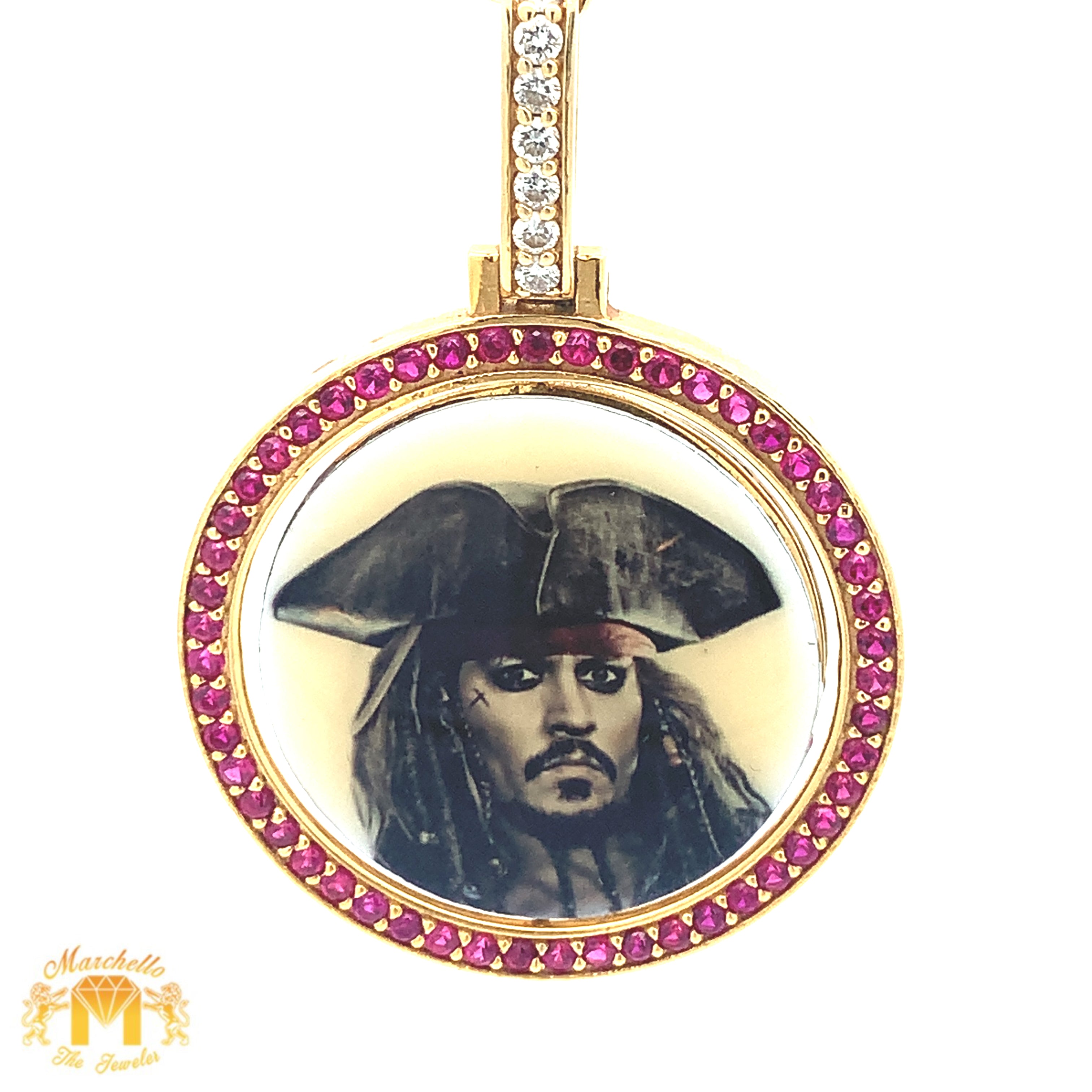 14k Yellow Gold Round Spinning Ruby Memory Picture Pendant with Round ...