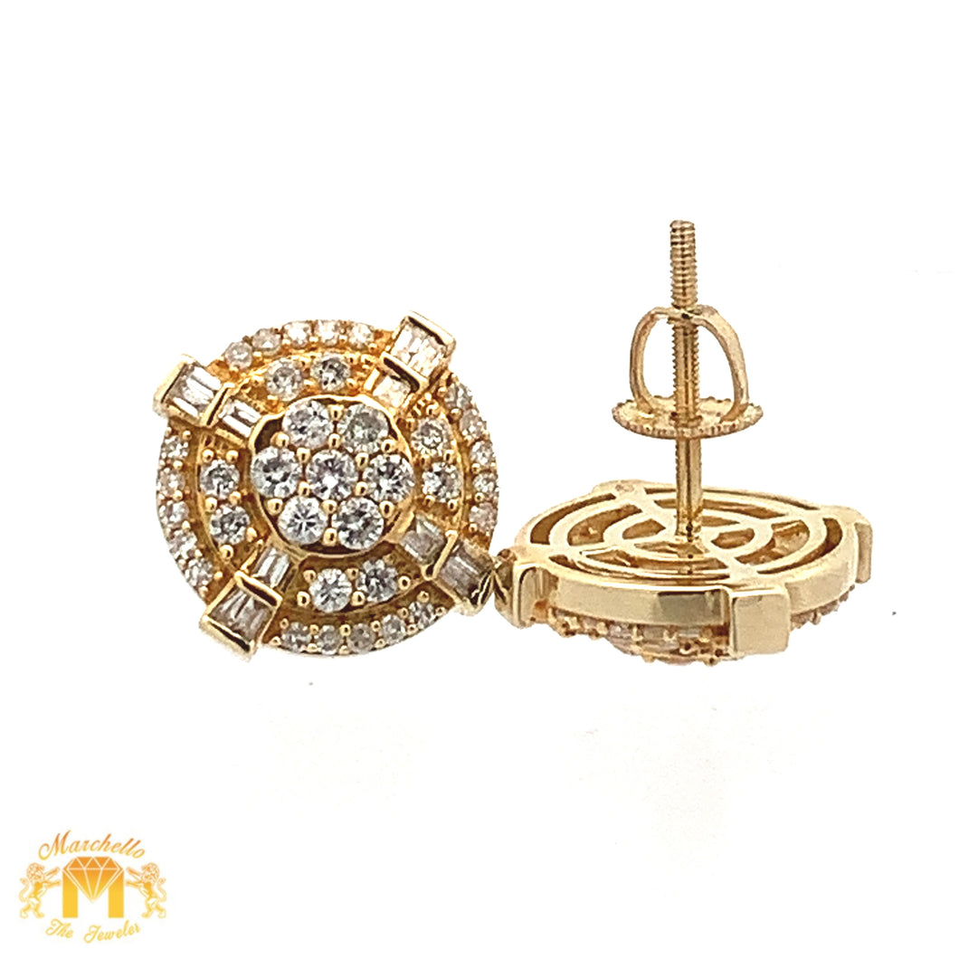 14k Yellow Gold and Diamond Round Earrings with Baguette and Round diamonds