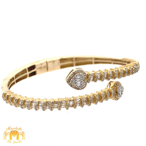 Yellow Gold and Diamond Twin Heart Bangle Bracelet with Baguette and Round Diamonds
