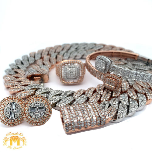 5 piece deal: 41ct Diamonds & Rose & White gold 272 grams Miami Cuban Chain + 14k Two-Tone gold Twin Square Cuff Diamond Bangle + 18k Two-Tone Gold & Diamond Round Earrings + 14k Gold & Diamond Square shaped Ring Set + Gift