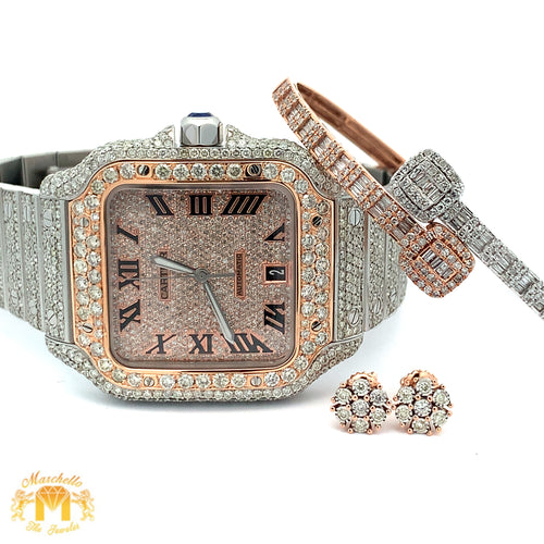 4 piece deal: 40mm Iced out Cartier Watch + Two-tone Gold Twin Squares Cuff Diamond Bracelet + Flower Diamond Earrings Set + Gift from Marchello the Jeweler