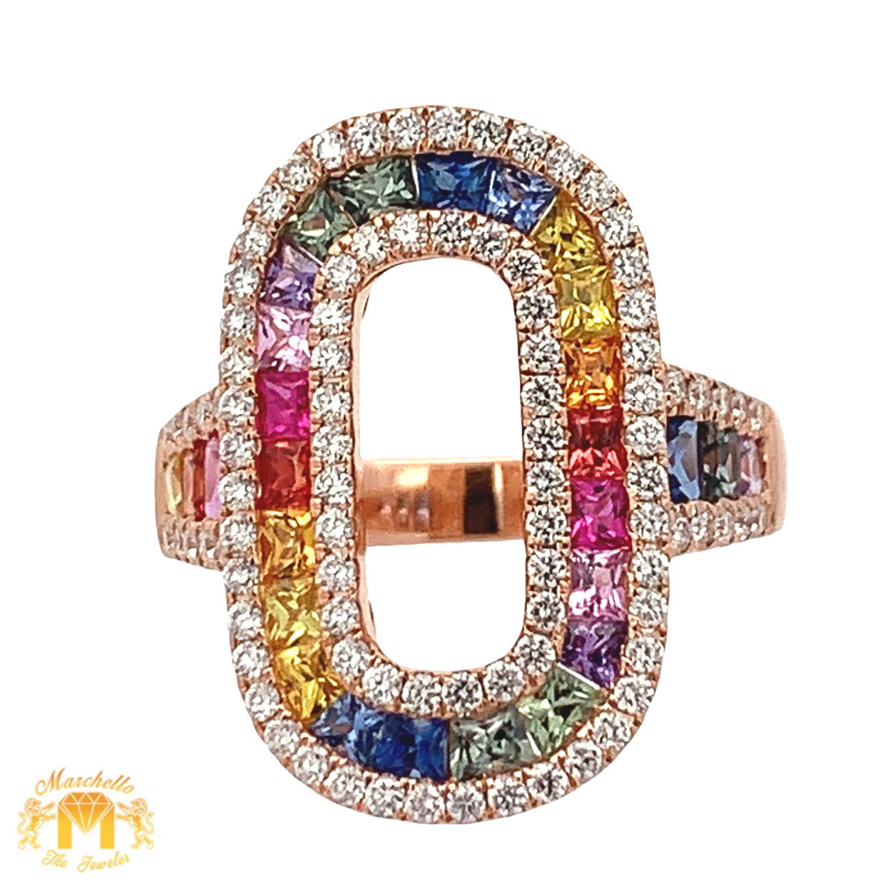 18k Solid Rose Gold and VS clarity & EF color diamonds Ring with Multicolored Sapphires
