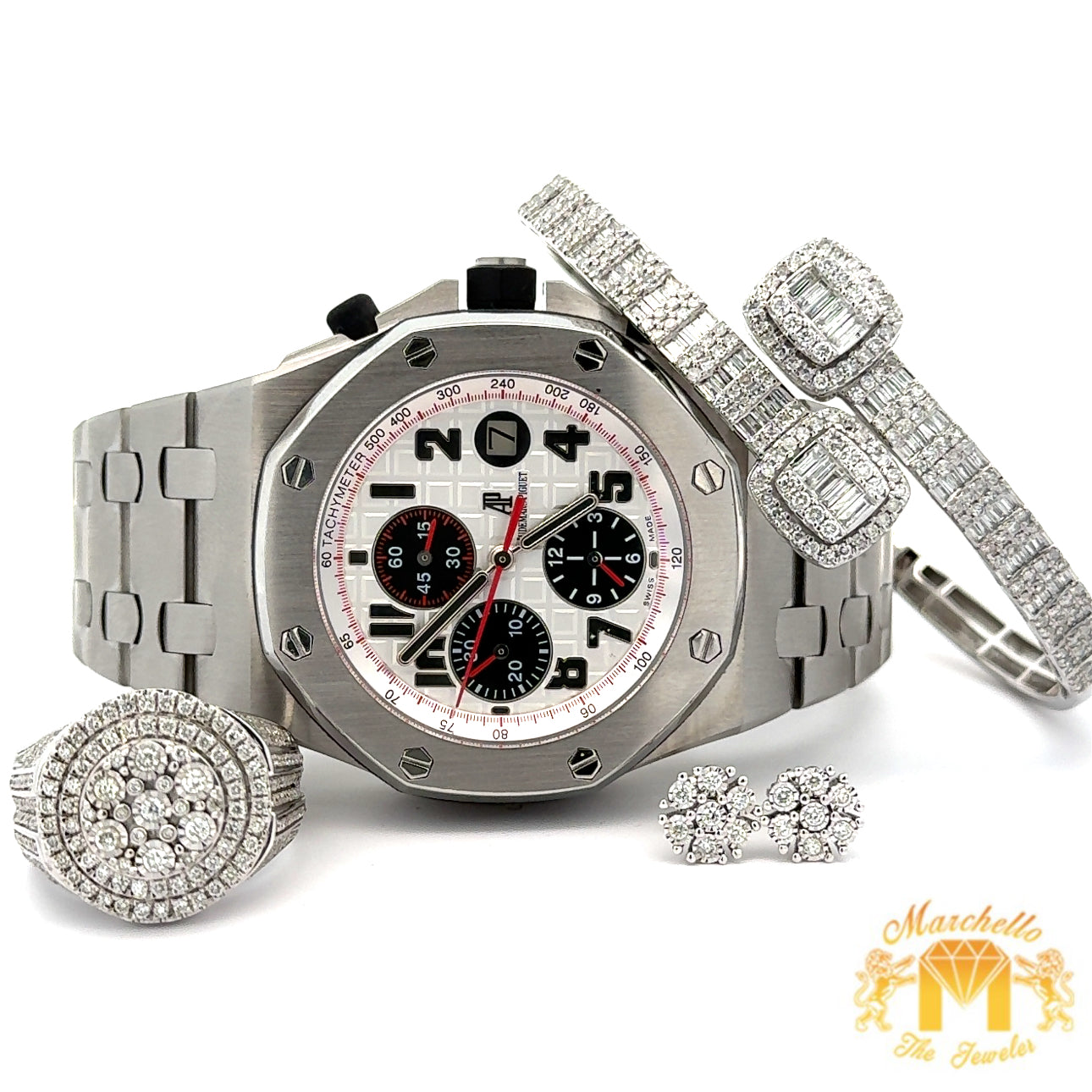 5 piece deal: Full Factory 42mm AUDEMARS PIGUET (AP) "Panda" Watch + White Gold and Diamond Twin Square Bracelet + 14k White Gold and Diamond Ring + White Gold and Diamond Flower Earrings Set + Gift