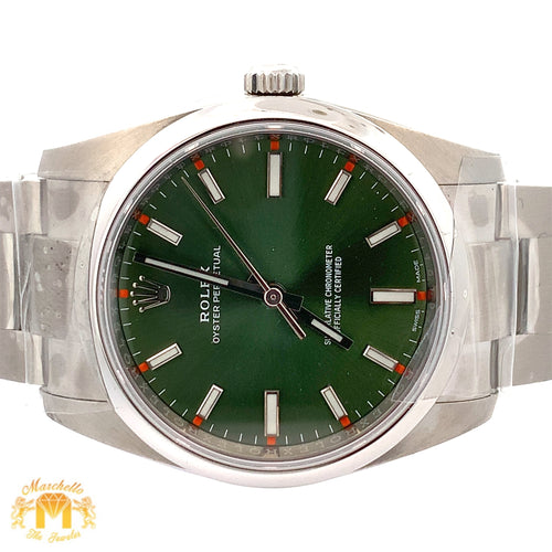 34mm Rolex Watch with Stainless Steel Oyster Bracelet (smooth bezel, olive dial)
