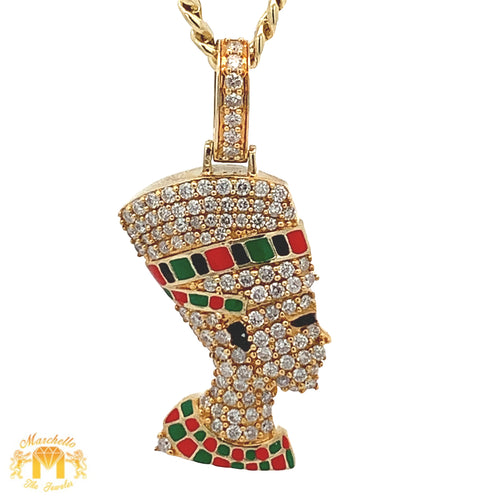 14k Yellow Gold and Diamond Nefertiti Pendant and Yellow Gold Cuban Link Chain