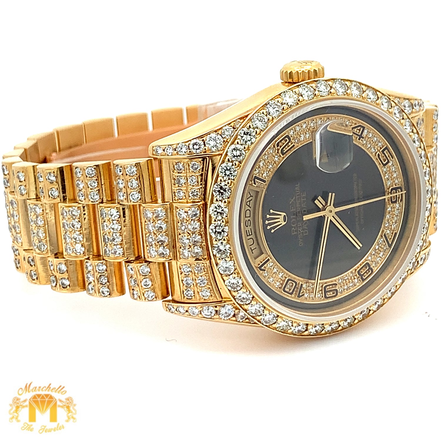 Iced out 36mm 18k gold Rolex Presidential Watch (quick-set)