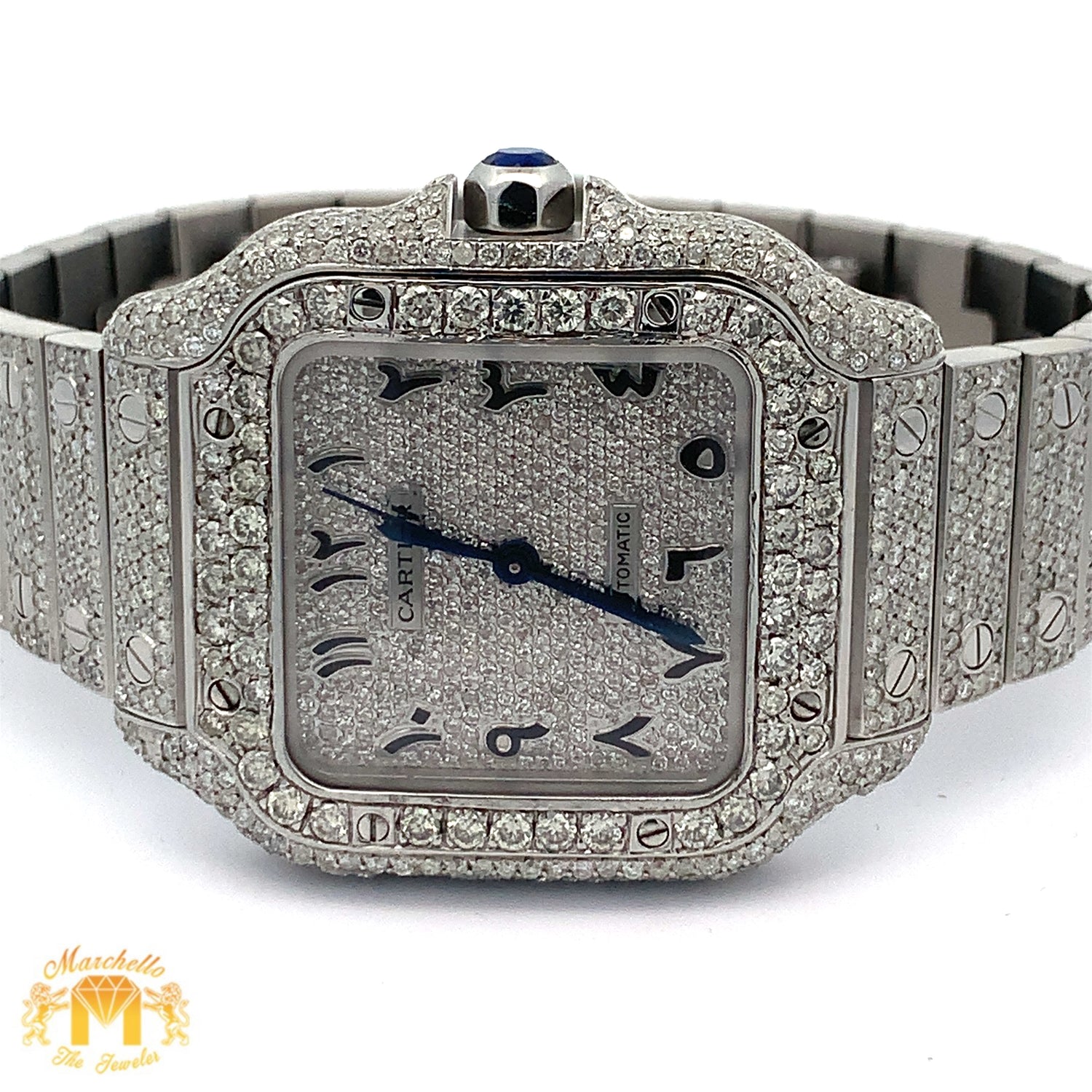 4 piece deal: 36mm Iced out Cartier Watch + White Gold Heart & Square Cuff Diamond Bracelet + Flower Diamond Earrings Set + Gift from Marchello the Jeweler