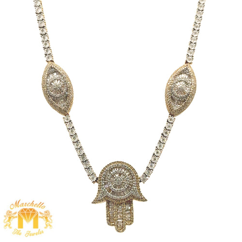 Yellow Gold and Diamond Hamsa & Evil Eye Tennis Necklace