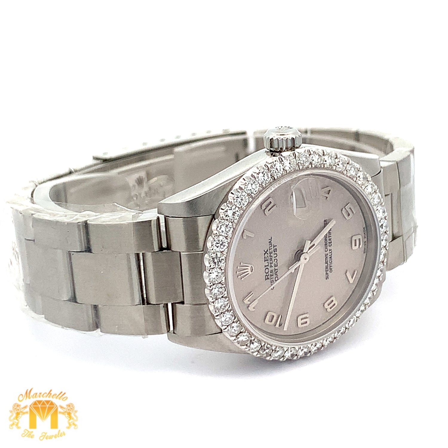 31mm Rolex Watch with Stainless Steel Oyster Bracelet (factory grey dial and custom diamond bezel)