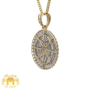 Yellow Gold and Diamond Round Pendant and Yellow Gold Cuban Chain