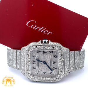 4 piece deal: 36mm Iced out Cartier Watch + White Gold Heart & Square Cuff Diamond Bracelet + Flower Diamond Earrings Set + Gift from Marchello the Jeweler