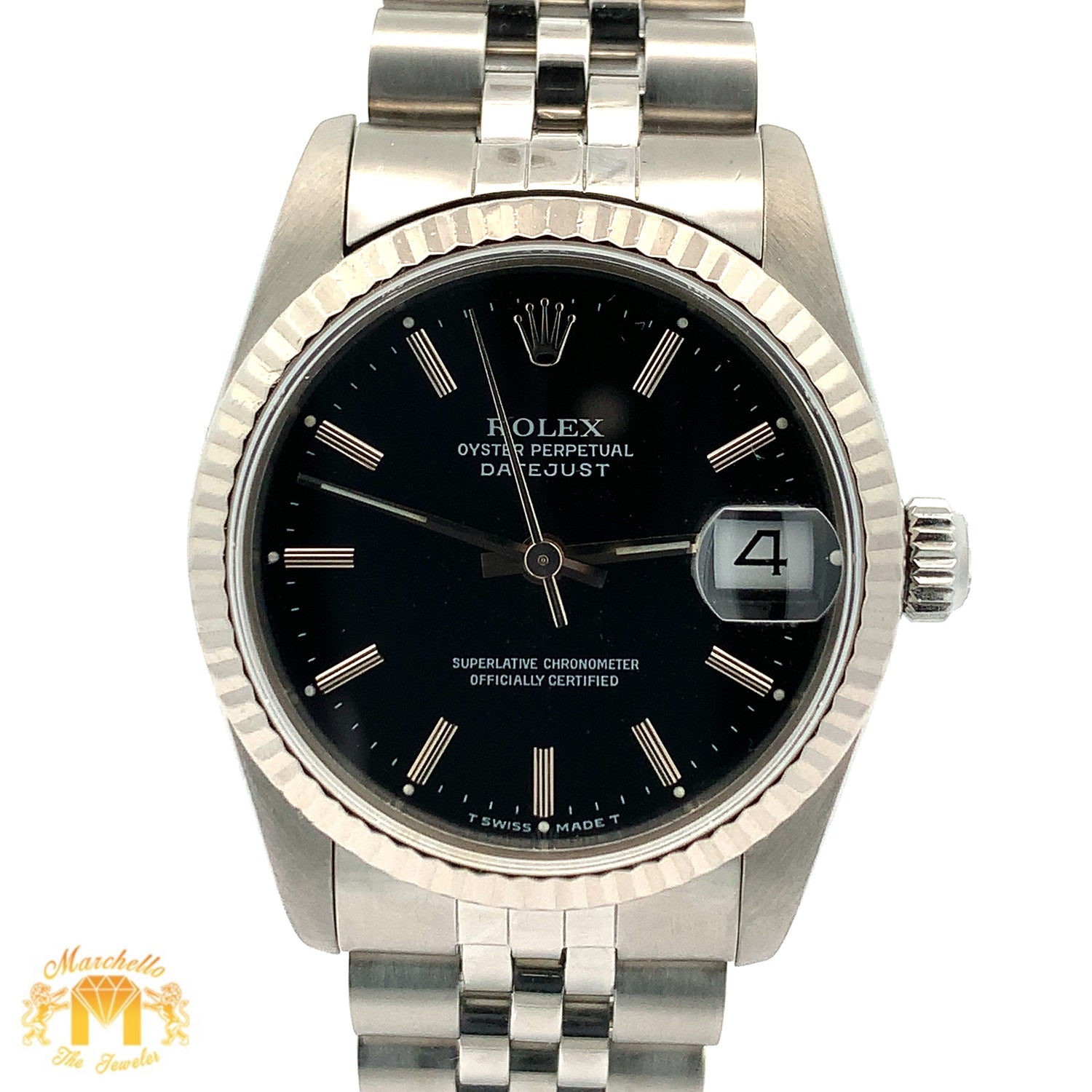 31mm Rolex Watch with Stainless Steel Jubilee Bracelet (black dial, white gold fluted bezel)