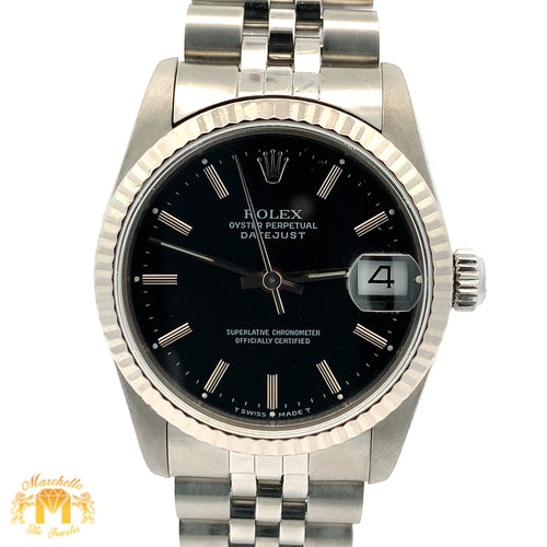 31mm Rolex Watch with Stainless Steel Jubilee Bracelet (black dial, white gold fluted bezel)