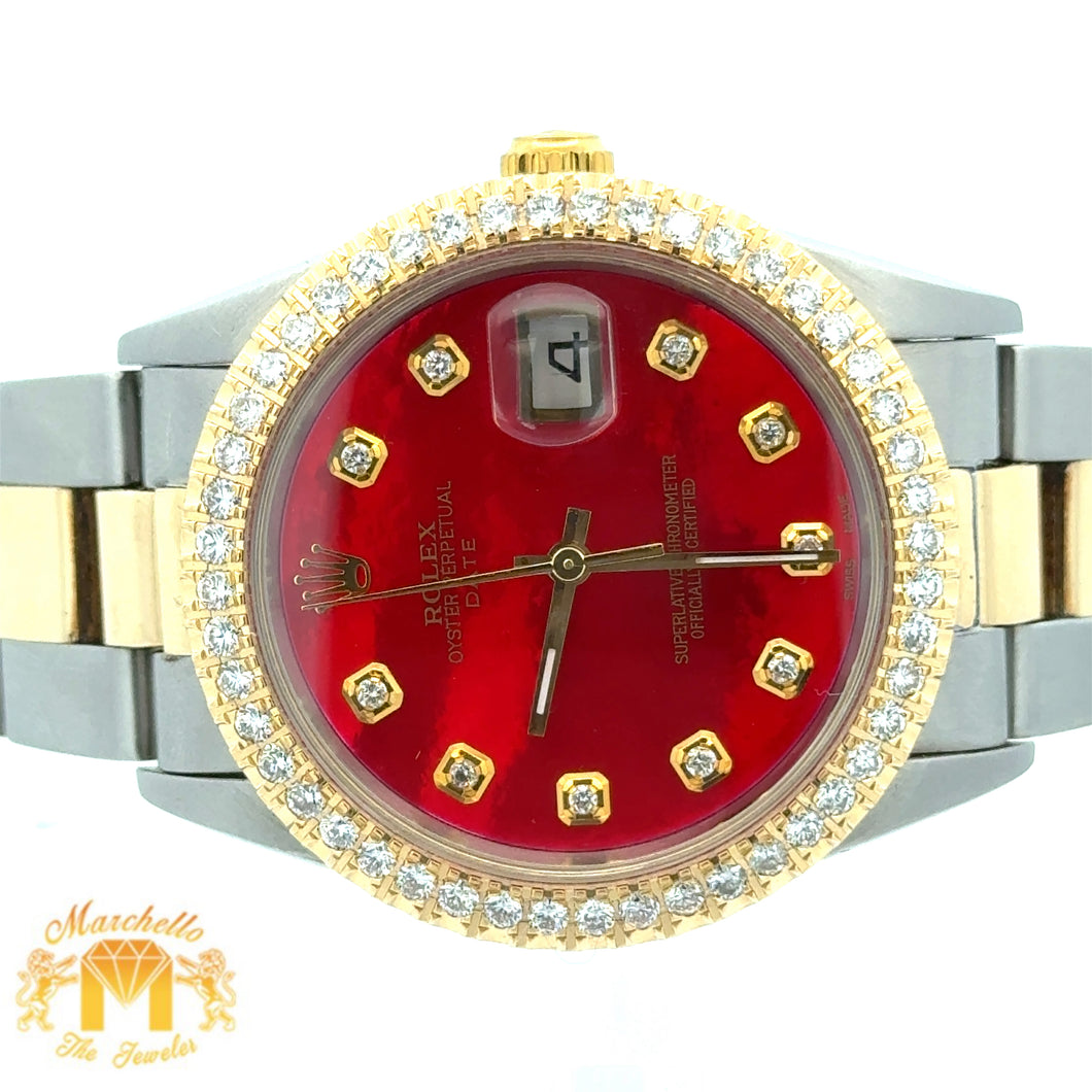 34mm Rolex Diamond Watch with Two-Tone Oyster Bracelet (diamond red mother of pearl dial, diamond bezel)