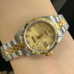Full factory 26mm Ladies` Rolex Datejust Watch with Two-Tone Jubilee Bracelet (diamond dial, fluted bezel)