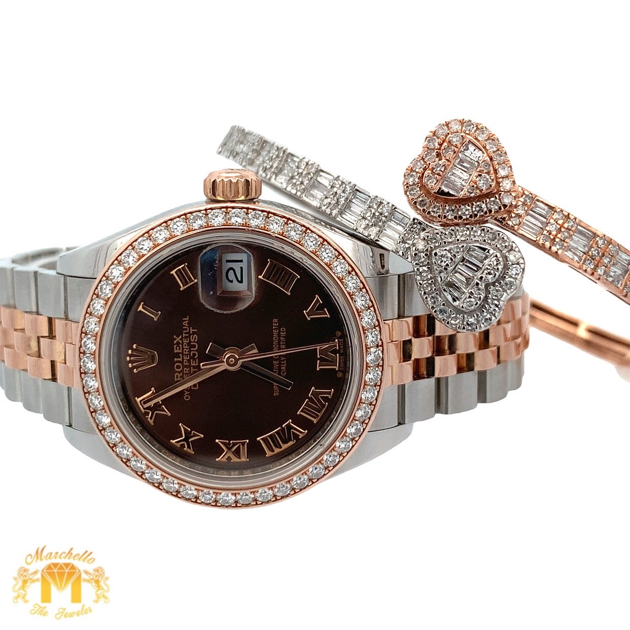 4 piece deal: Full factory 28mm Rolex Diamond Watch with Two-Tone Jubilee Band + Two-Tone: Rose & White Gold Twin Heart Bracelet + Gift Gold & Diamond Earrings + Gift
