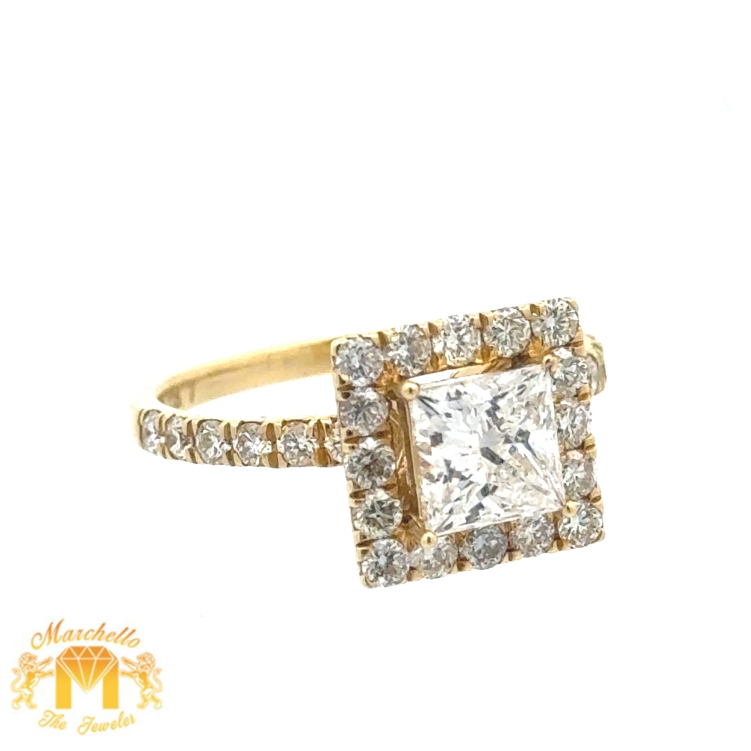 18k Yellow Gold and Diamond Square Shaped Engagement Ring with Round and Princess Cut Diamonds