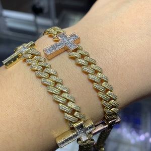 Gold and Diamond Three Cross Miami Cuban Bracelet with Baguette and Round diamonds