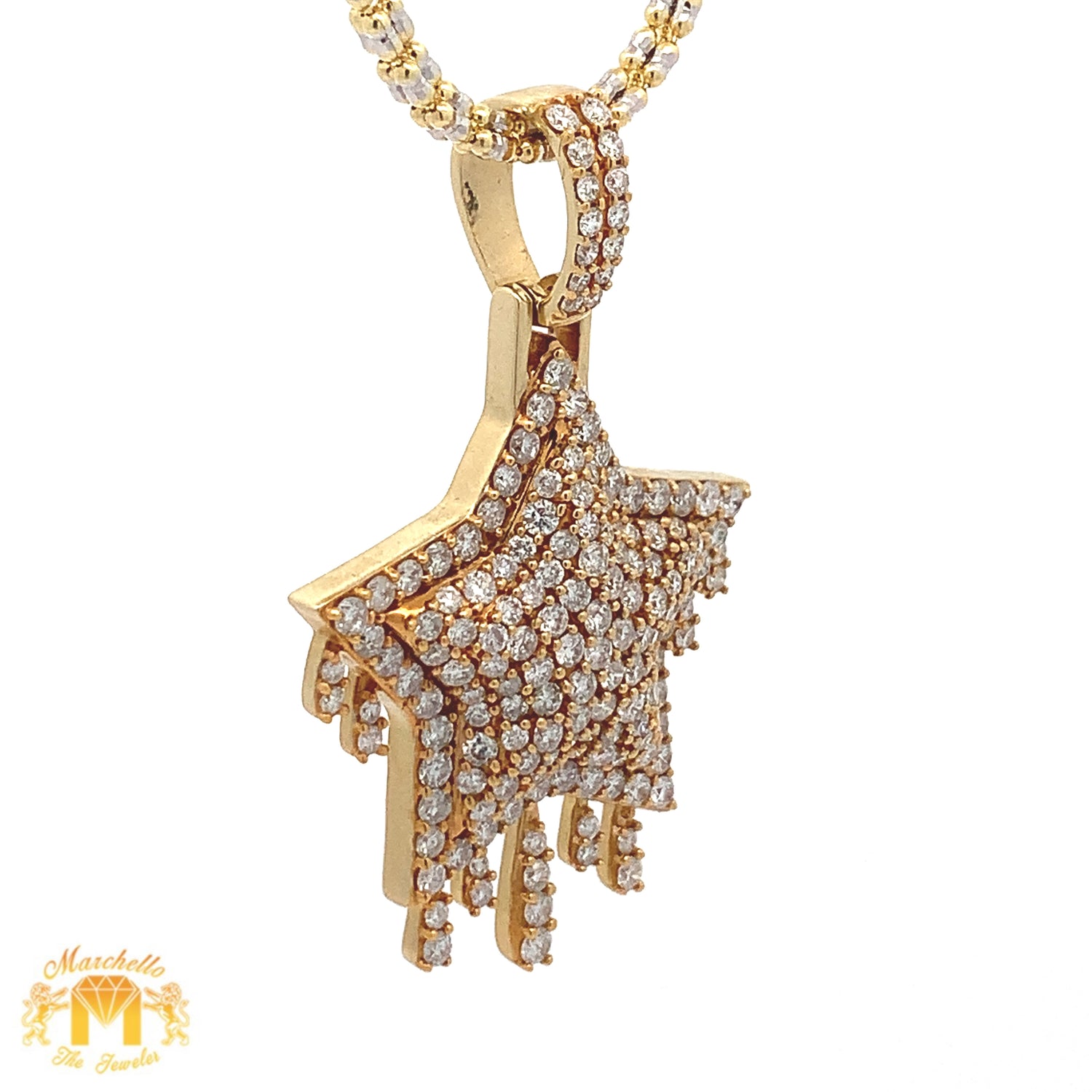 3.35ct diamonds 14k Yellow Gold Star Pendant with Round Diamonds and 2mm Ice Link Chain Set