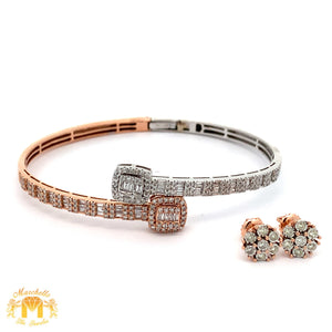 4 piece deal: 40mm Iced out Cartier Watch + Two-tone Gold Twin Squares Cuff Diamond Bracelet + Flower Diamond Earrings Set + Gift from Marchello the Jeweler
