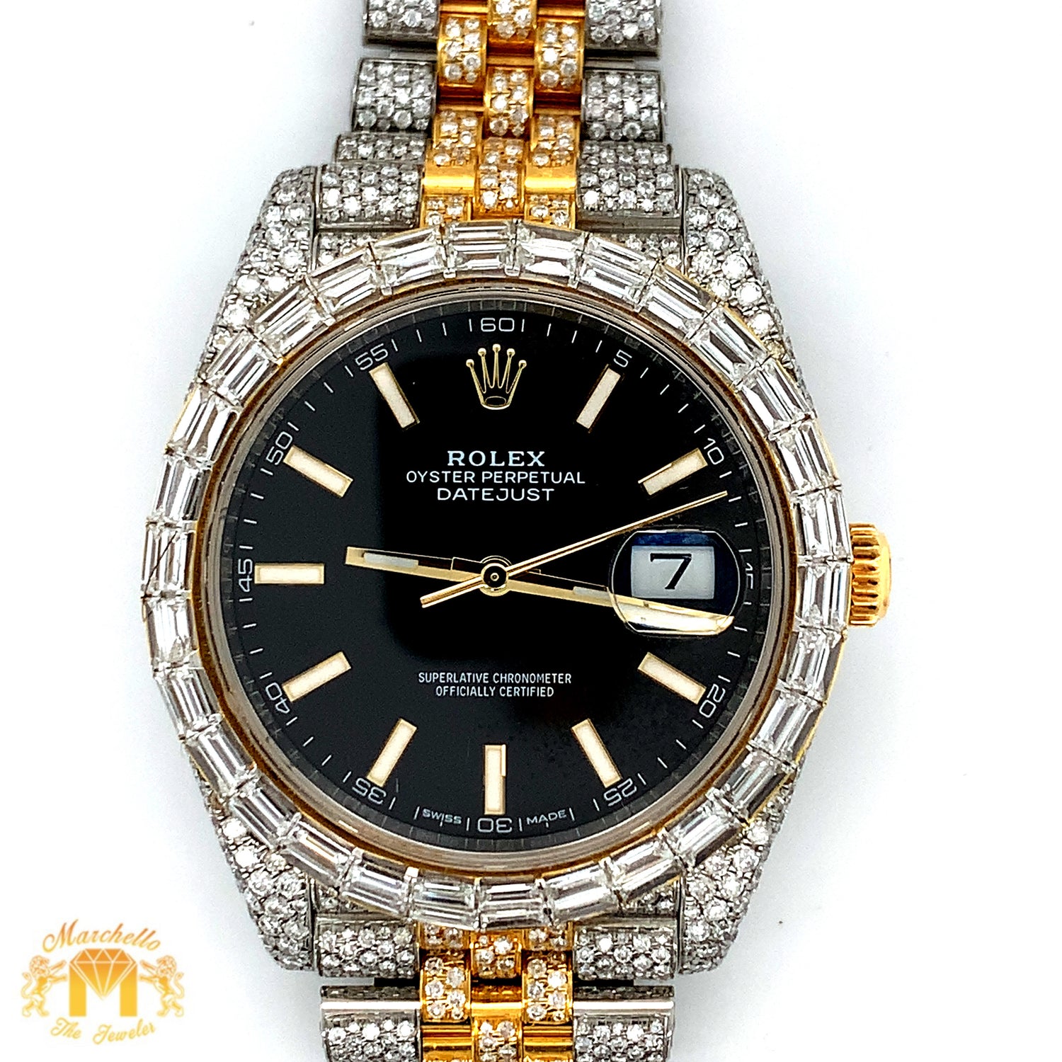 Iced out 41mm Rolex Datejust Watch with Two-tone Jubilee Bracelet