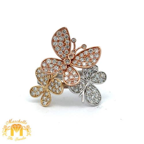 14k Tri-Color Gold and Diamond Butterfly Ring with Round Diamonds