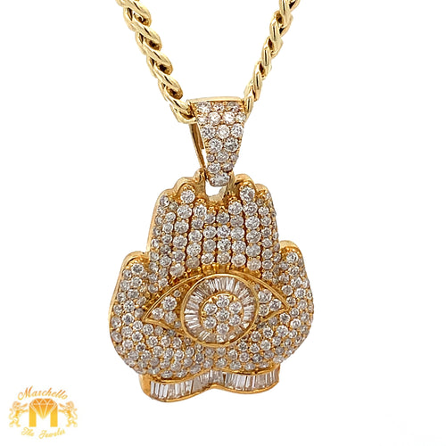 14k Yellow Gold and Diamond Praying Hand Pendant with Round and Baguette Diamonds and 14k Yellow Gold Cuban Link Chain Set