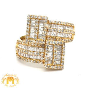 14k Yellow Gold and Diamond XL Twin Square Ring with Baguette and Round Diamonds