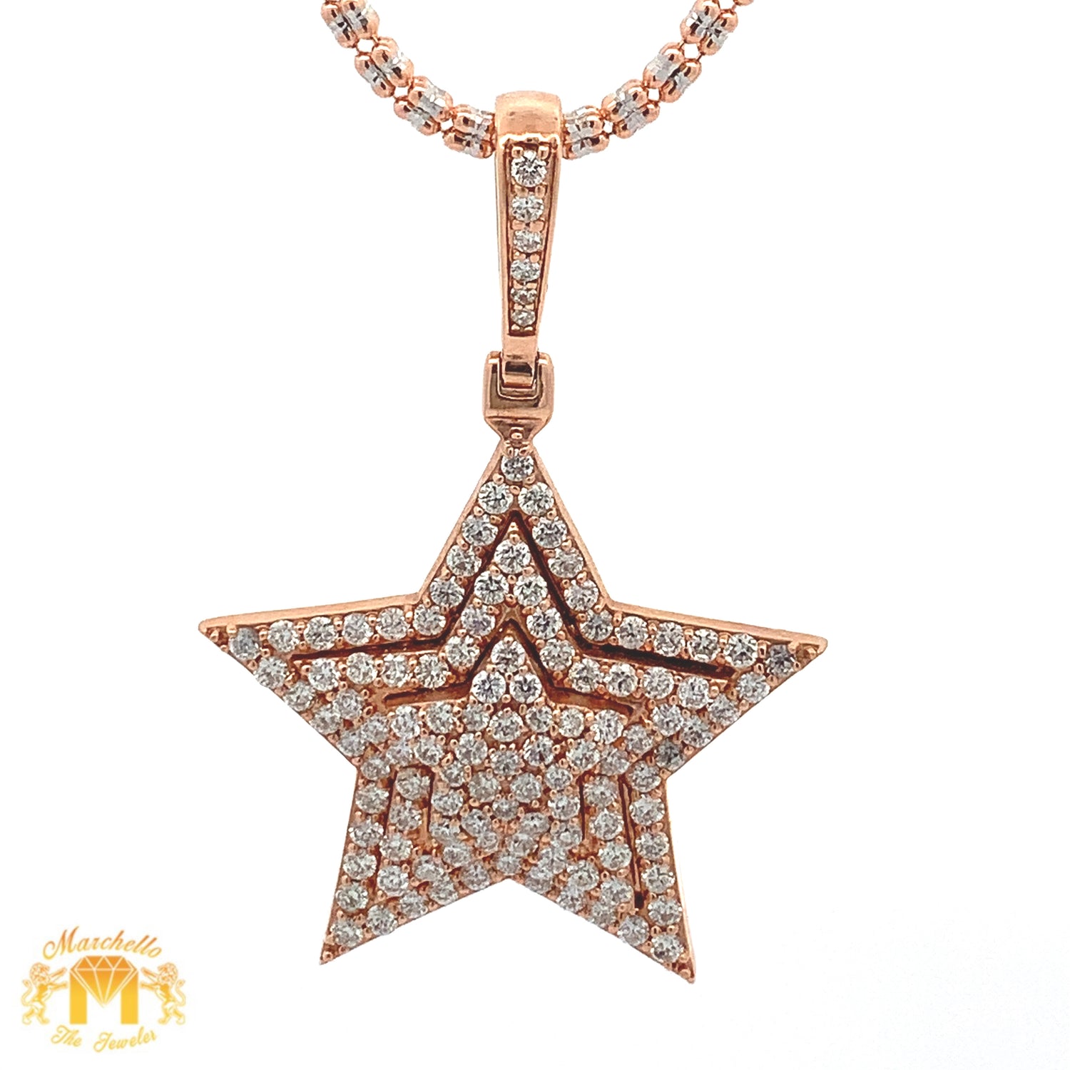 3ct diamonds 14k Gold Star Pendant and 2mm Ice Link Chain Set (choose your color)