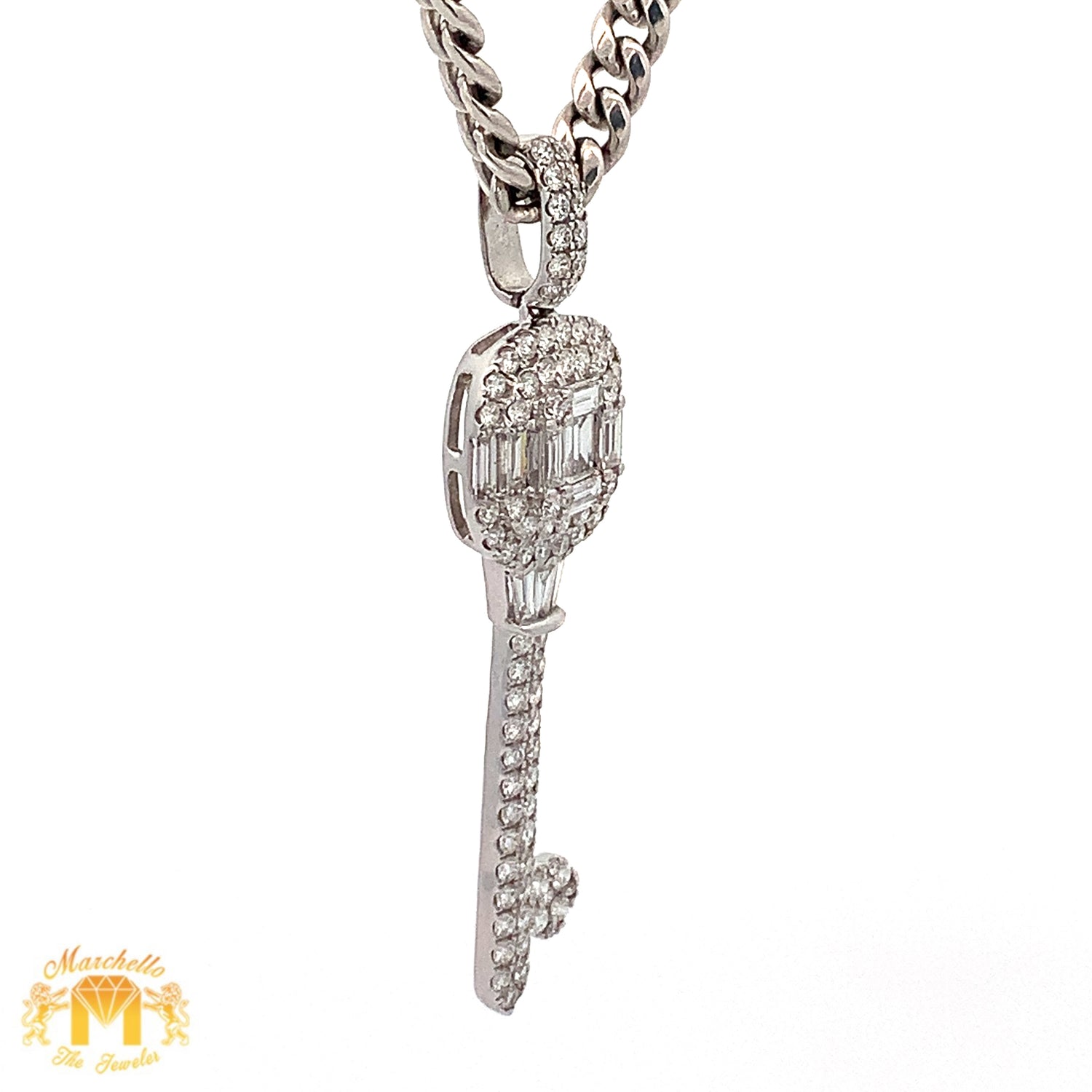 VVS/vs high clarity diamonds set in a 18k white gold Key Pendant with Baguette and Round diamonds and 14k white gold Cuban Link Chain Set