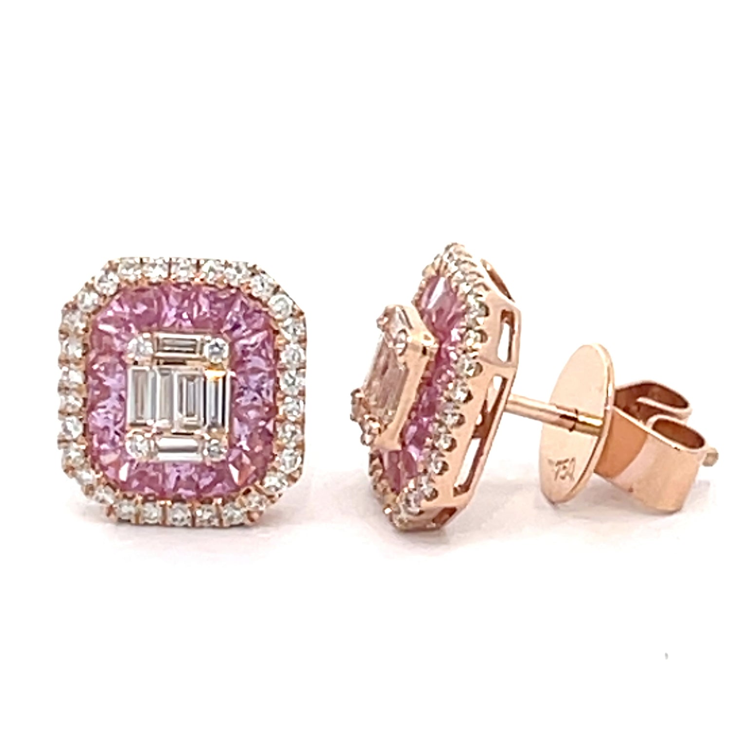 VVS/vs high clarity diamonds set in a 18k Rose Gold Ladies`Earrings with Pink Sapphire and Round Diamonds