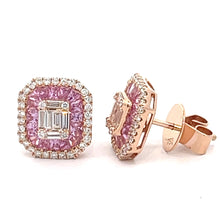 Load image into Gallery viewer, VVS/vs high clarity diamonds set in a 18k Rose Gold Ladies`Earrings with Pink Sapphire and Round Diamonds
