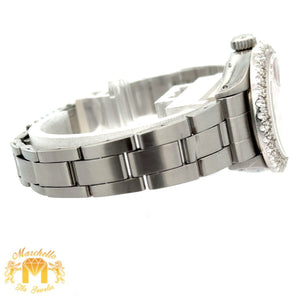 26mm Ladies` Rolex Diamond Watch with Stainless Steel Oyster Bracelet (custom red mother of pearl diamond dial, custom diamond bezel)