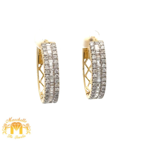 14k Gold and Diamond Hoop Earrings with Baguette and Round Diamonds (choose your color)