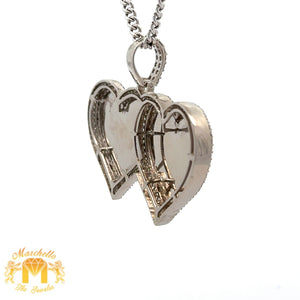 14k Gold and Diamond Twin Heart Picture Pendant and Gold Cuban Link Chain Set (choose your color)