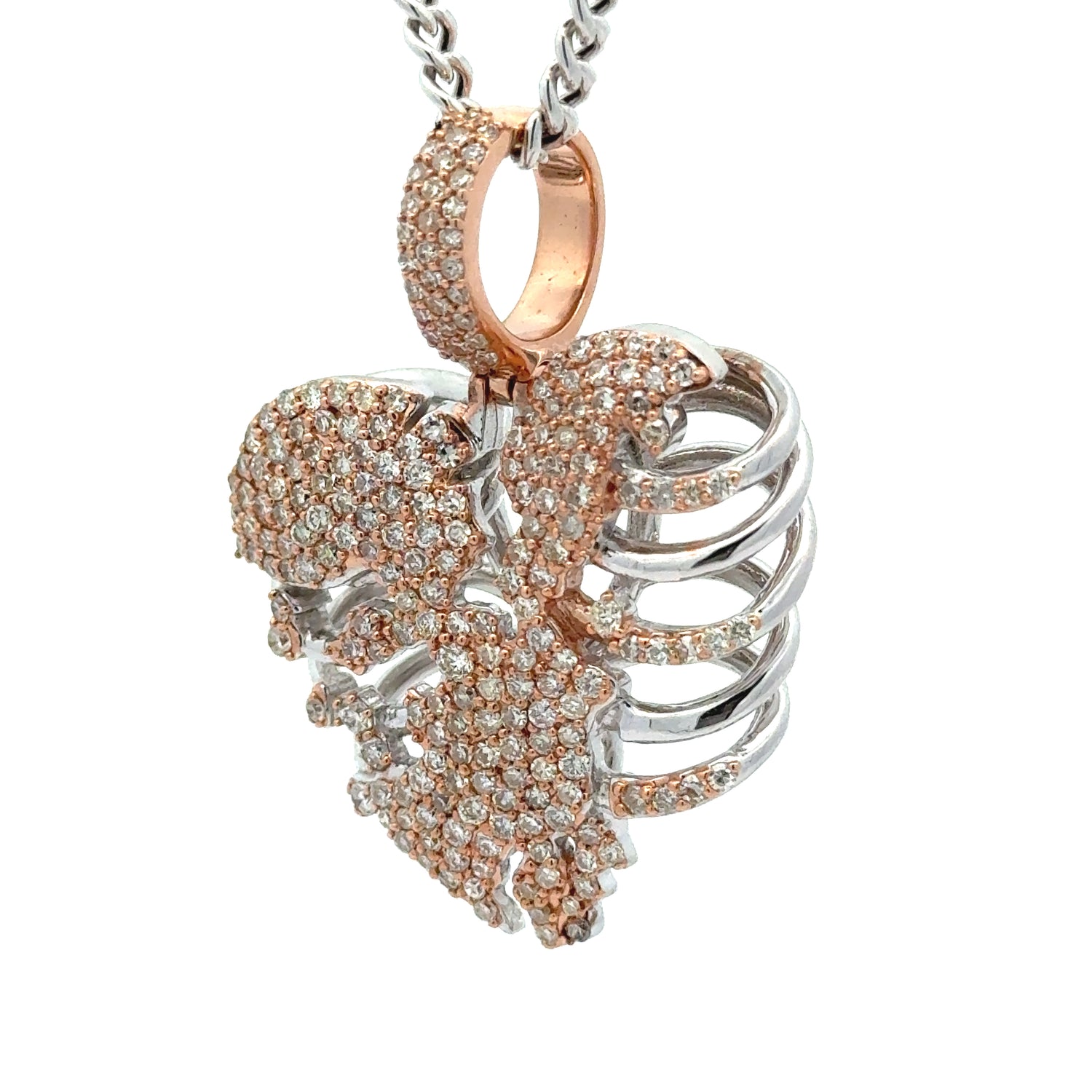 14k Gold Skeleton Heart Pendant with Round Diamonds and Gold Cuban Link Chain Set (choose your color) (VALENTINE`S DAY SPECIAL)