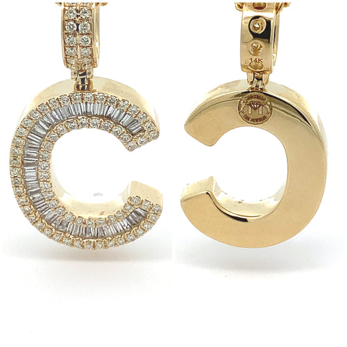 14k Yellow Gold Large Initial Pendant with Baguette and Round Diamonds ( A to Z )