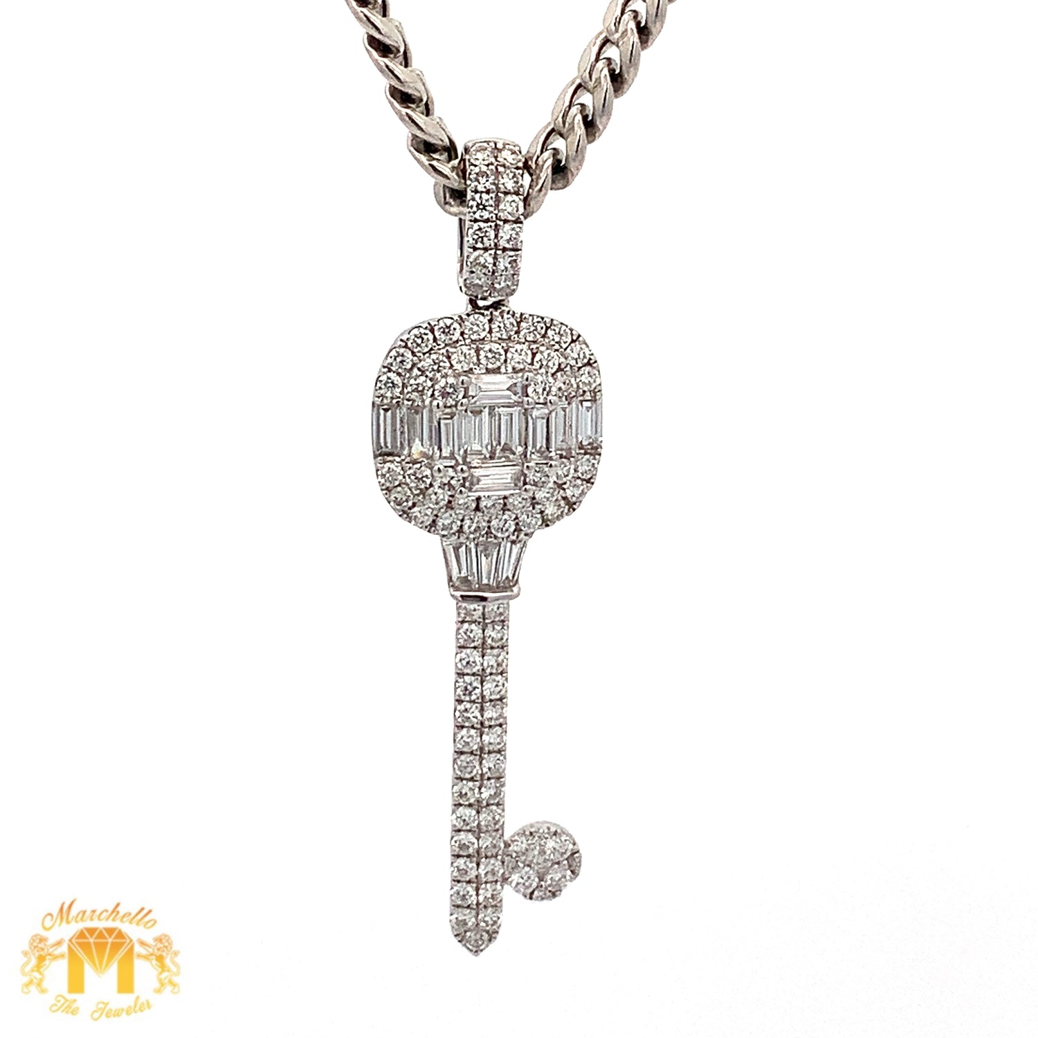 VVS/vs high clarity diamonds set in a 18k white gold Key Pendant with Baguette and Round diamonds and 14k white gold Cuban Link Chain Set