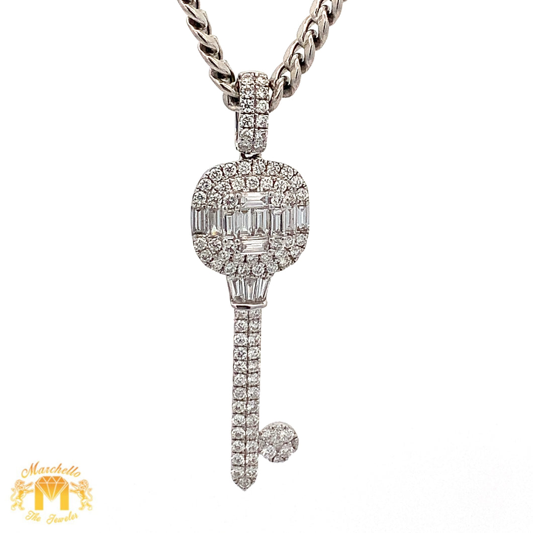 VVS/vs high clarity diamonds set in a 18k white gold Key Pendant with Baguette and Round diamonds and 14k white gold Cuban Link Chain Set