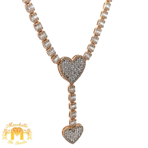 Gold and Diamond Heart Shape Necklace with Baguette and Round Diamonds