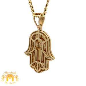 14k Yellow Gold and Diamond Hamsa Pendant and Yellow Gold Cuban Link Chain (choose your color)