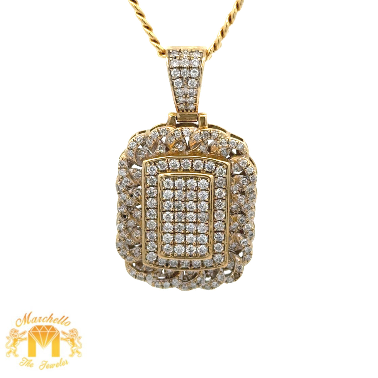 14k yellow gold and diamond Rectangle shaped Pendant and Yellow Gold Cuban Chain