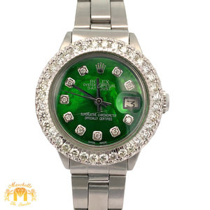 26mm Ladies` Rolex Watch with Stainless Steel Oyster Bracelet (diamond bezel, diamond green mother of pearl (MOP)dial)