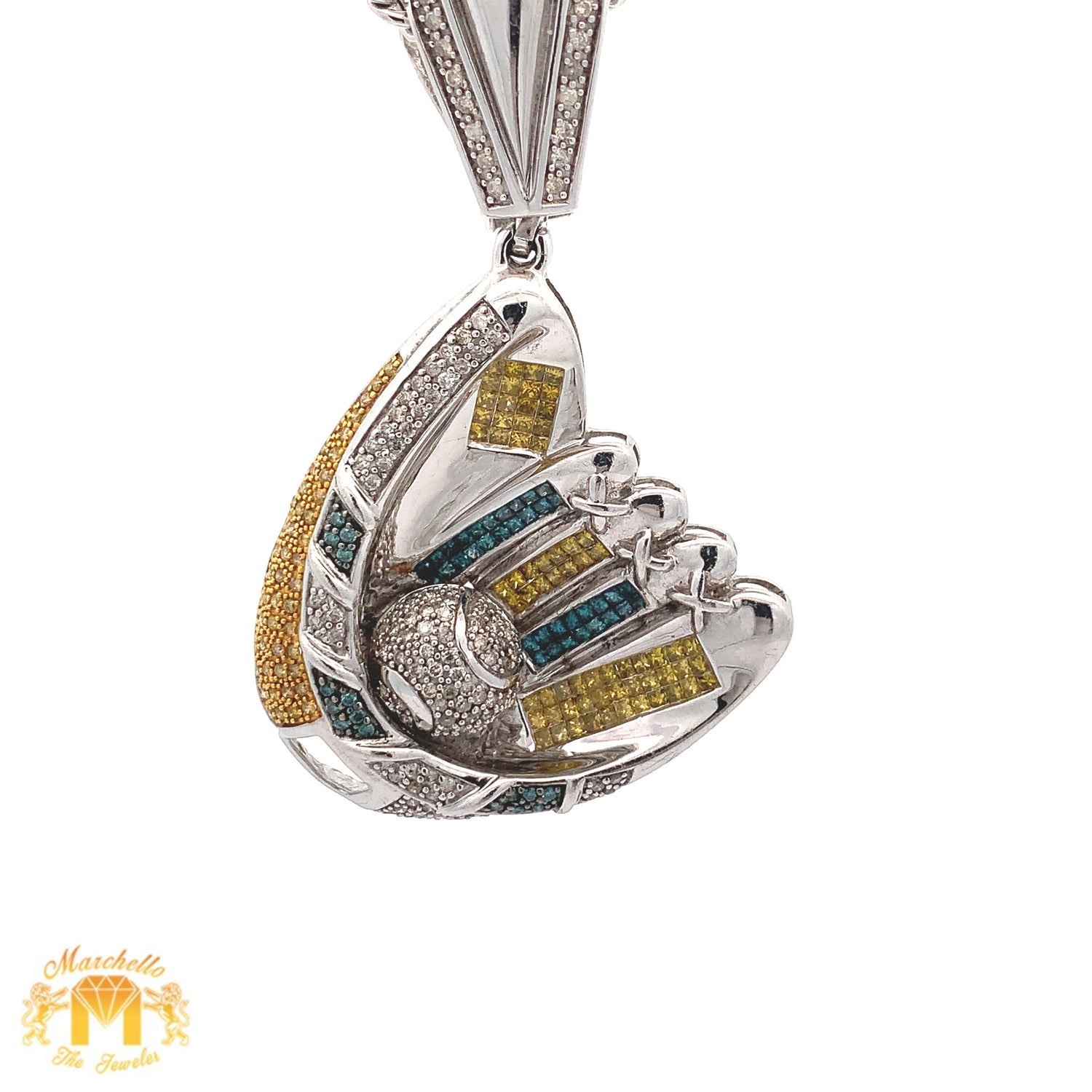 3.18ct Diamond 14k White Gold Baseball Glove and Ball Pendant with Round and Princess Cut Diamonds