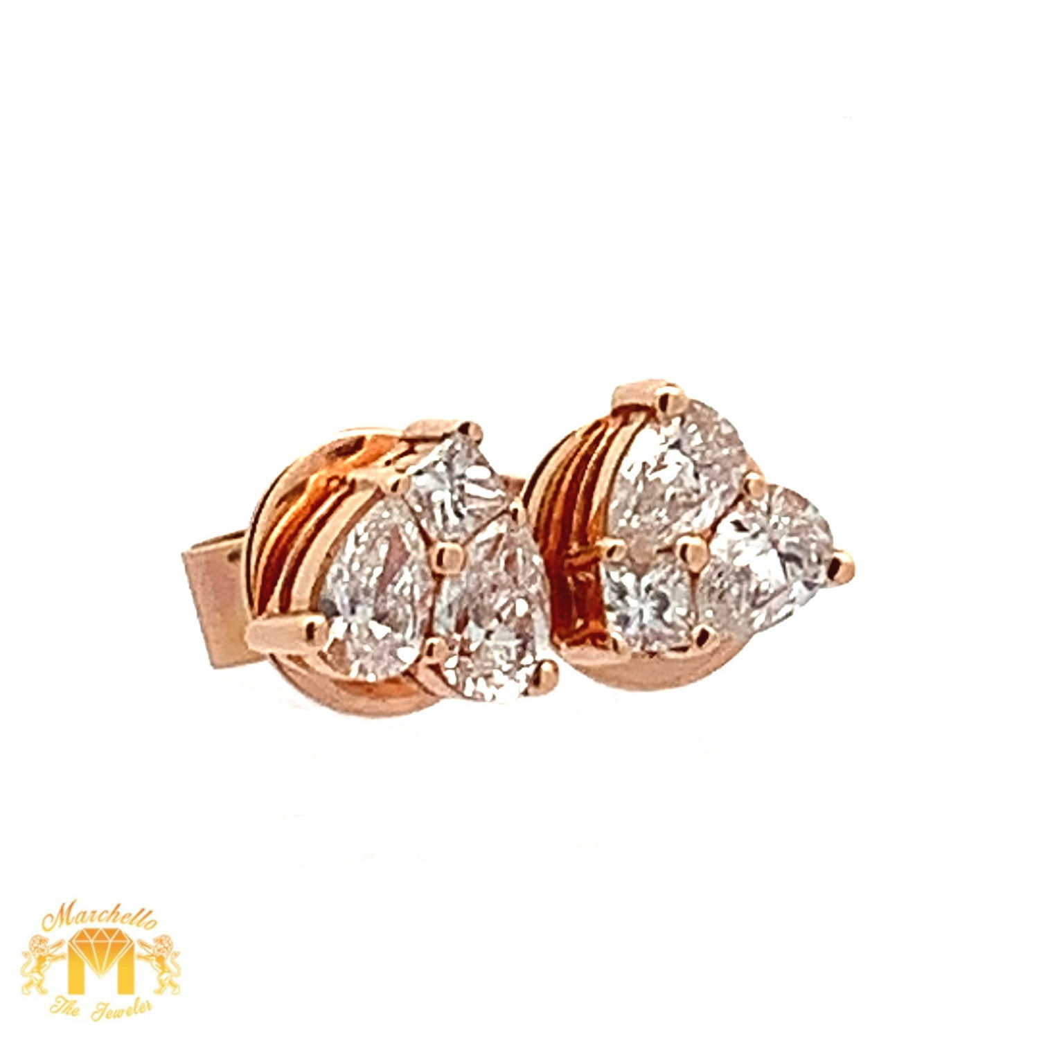 18k Gold and Diamond Heart Earrings with Princess Cut and Pear Diamonds combination