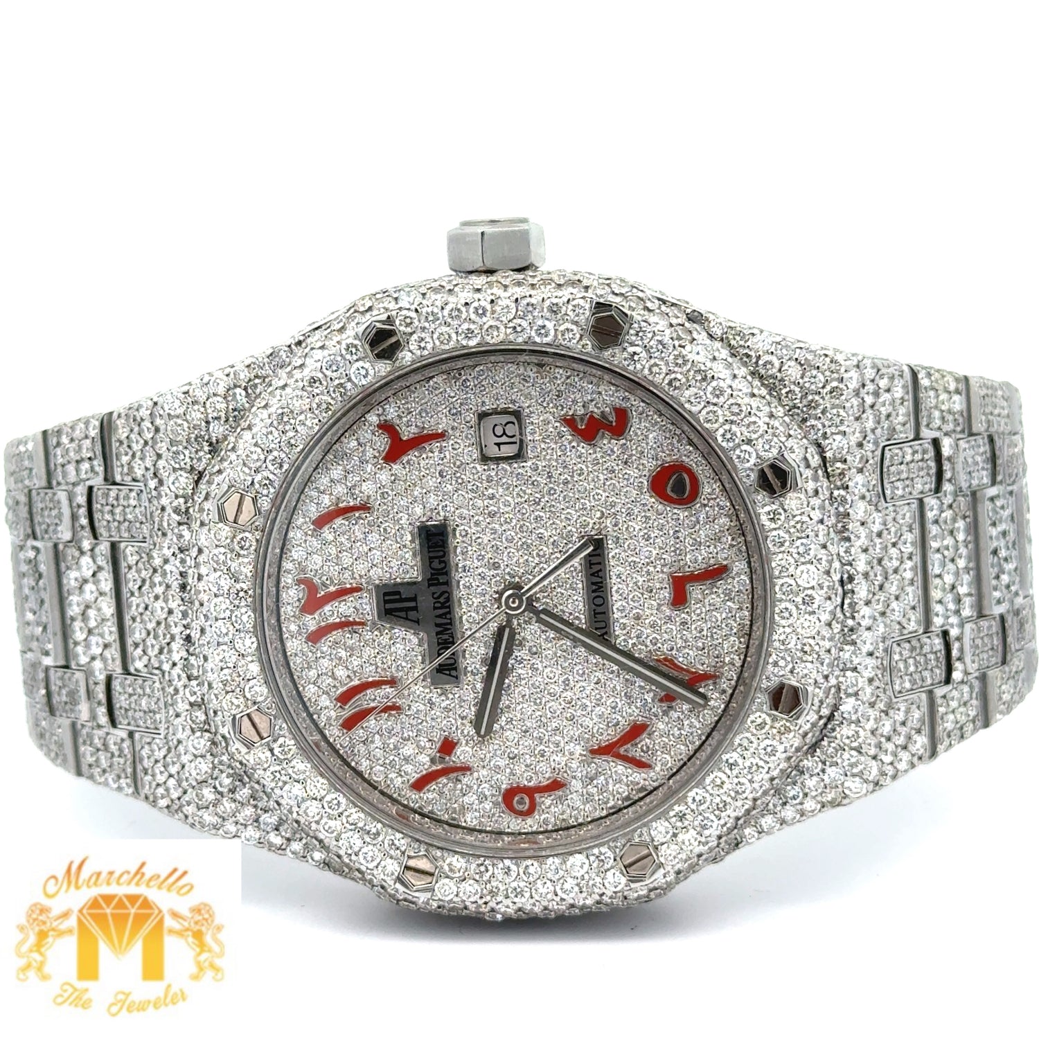 4 piece deal: 41mm Iced out Audemars Piguet AP Watch + White Gold and Diamond Twin Square Bracelet + White Gold and Diamond Flower Earrings + Gift from Marchello the Jeweler