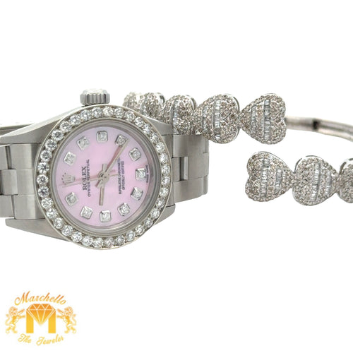 4 piece deal: 24mm Ladies` Rolex Watch with Stainless Steel Oyster Bracelet + White Gold and Diamond Heart Shape Bracelet