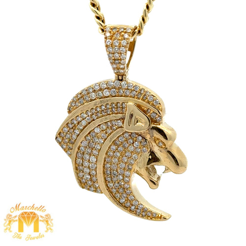 14k Yellow Gold and Diamond Lion Head Pendant and Yellow Gold Cuban Link Chain