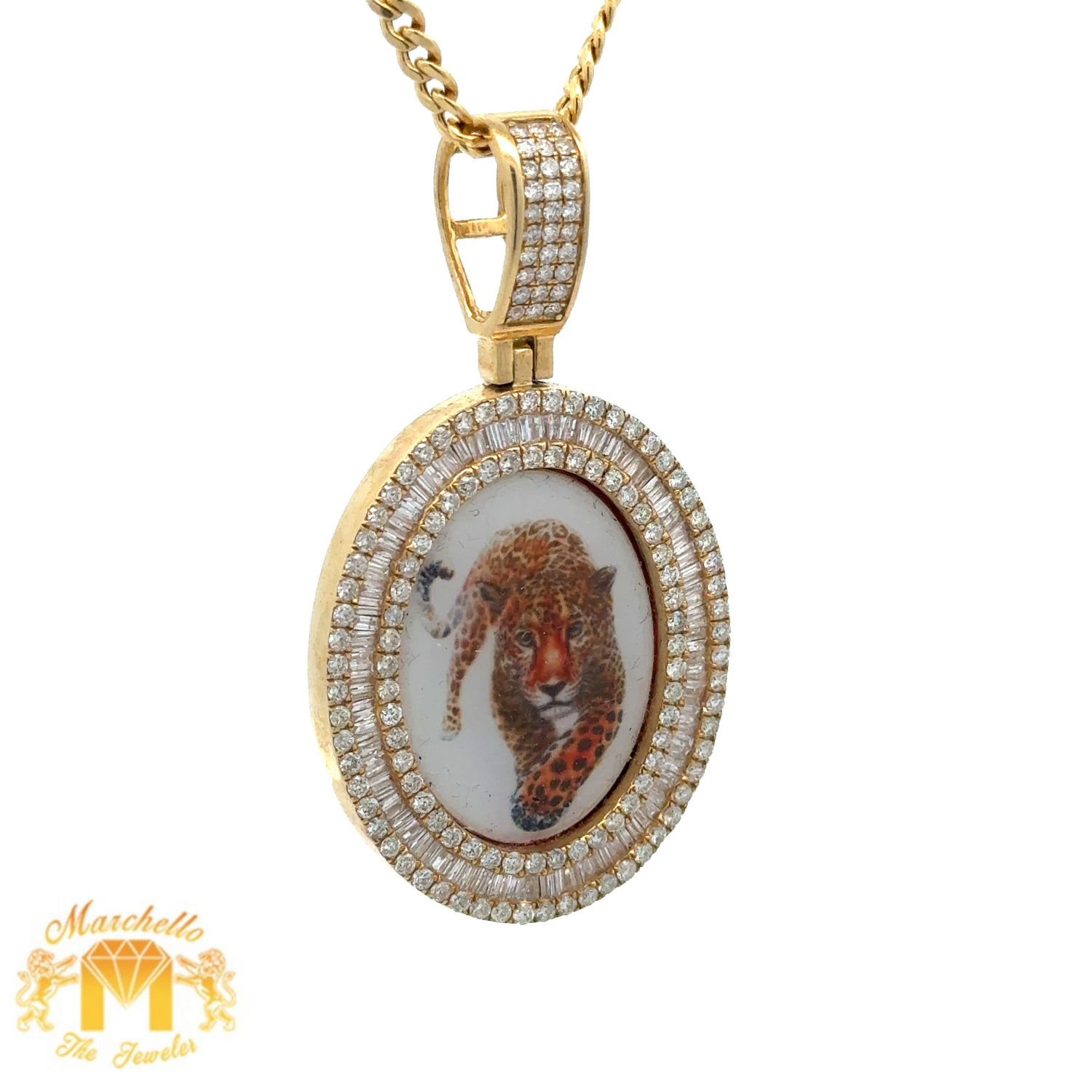 14k Yellow Gold and Diamond Oval Shaped Picture Pendant and 14k Yellow Gold Cuban Link Chain Set