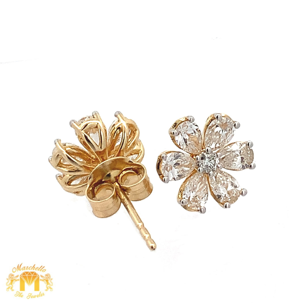 14k Gold and Diamond Flower Earrings with Pear and Round Diamonds (choose your color)